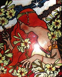 girl among flowers, stain glass